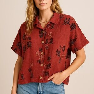 Vintage Clio 100% Linen Blouse Red Asian Print Button Front Top